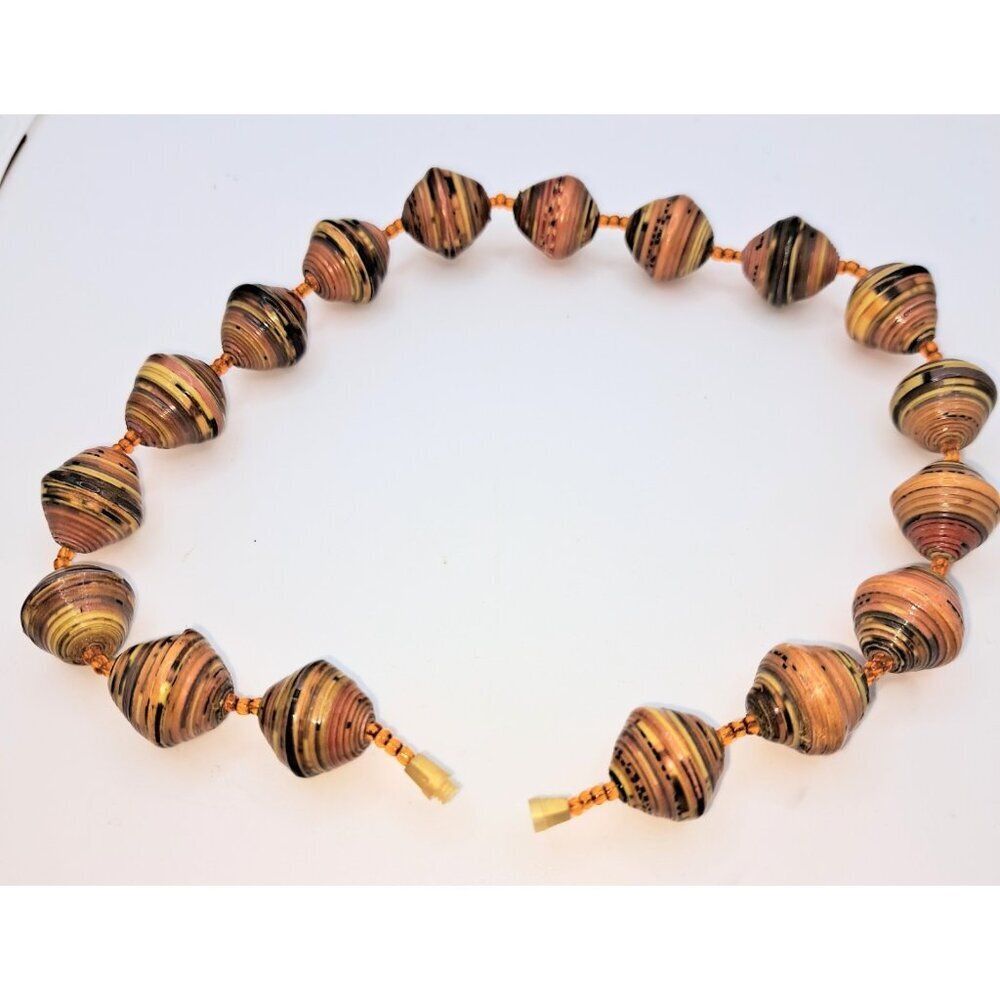 Vintage Hand Crafted Recycled Paper‎ Tribal Striped Bead Necklace Orange Brown